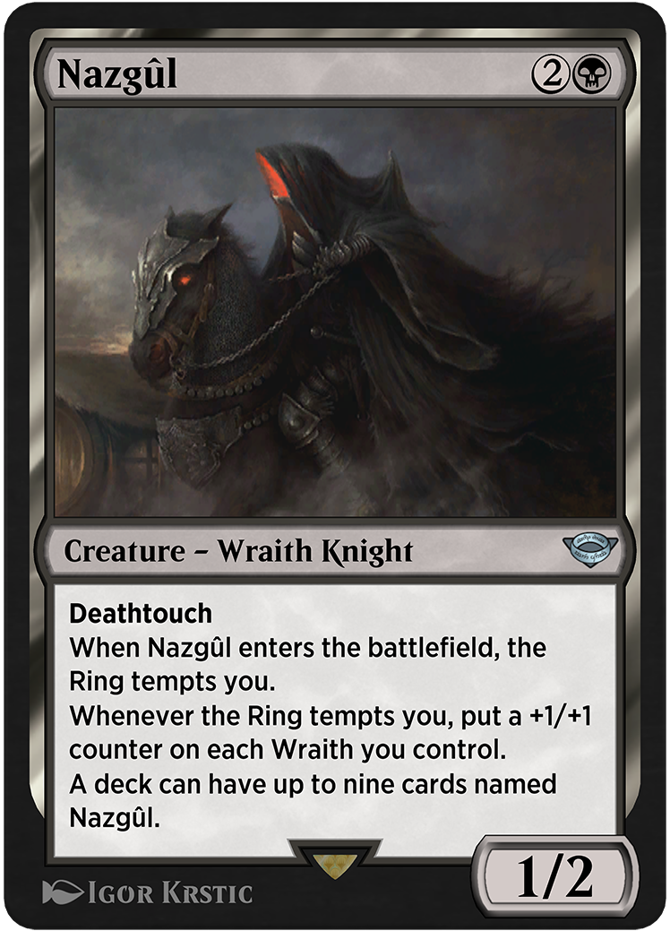 Un Nazgûl montado a caballo; un brillo rojo emana del ojo del caballo y de la capucha del Nazgûl.