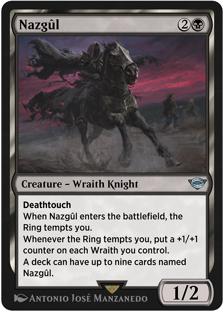 Ein Nazgûl mit zwei roten Augen im Schatten seiner Kapuze auf einem gepanzerten Pferd, das in Richtung des rechten Randes des Rahmens stürmt