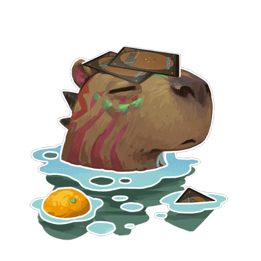 Cabybara sticker showing the head of a capybara above water with two Magic cards resting on its muzzle, one slipping down, and floating in the water nearby, an orange and another Magic card