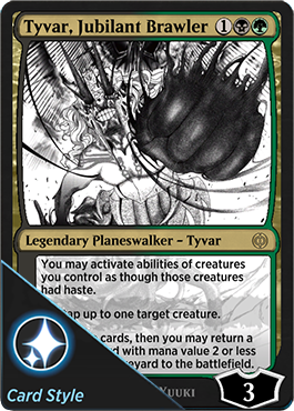 Tyvar, Jubilant Brawler borderless manga planeswalker card style