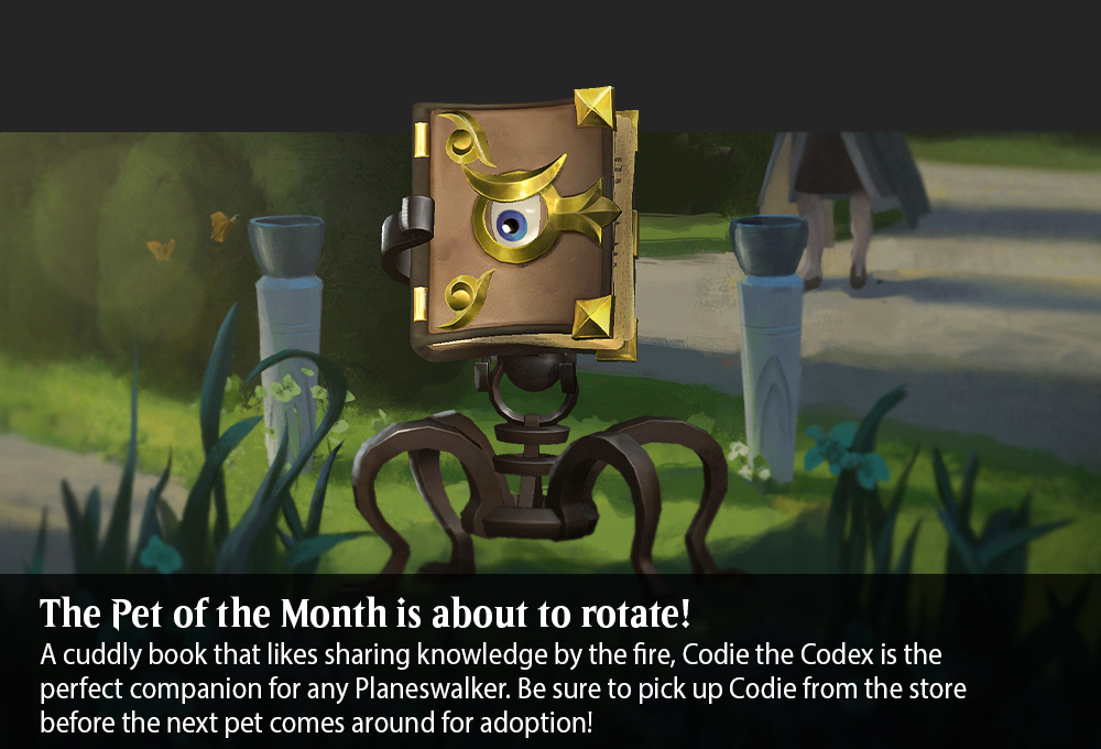 Pet of the month Codie, Vociferous Codex available until January 31, 2023, in the MTG Arena Store