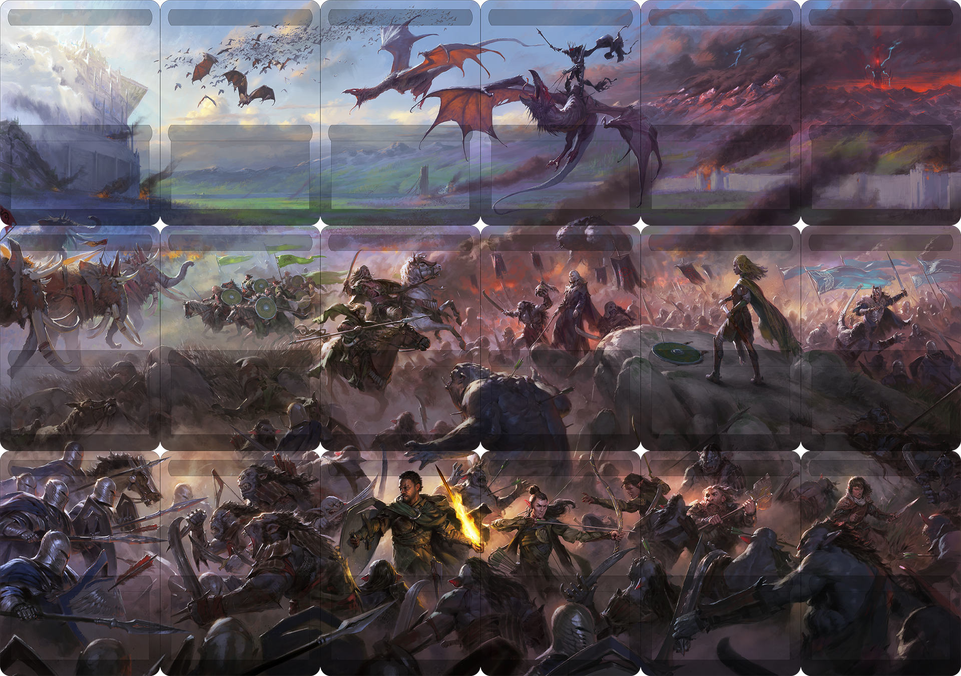 Escena de la batalla de los Campos de Pelennor con superposición de marco de carta