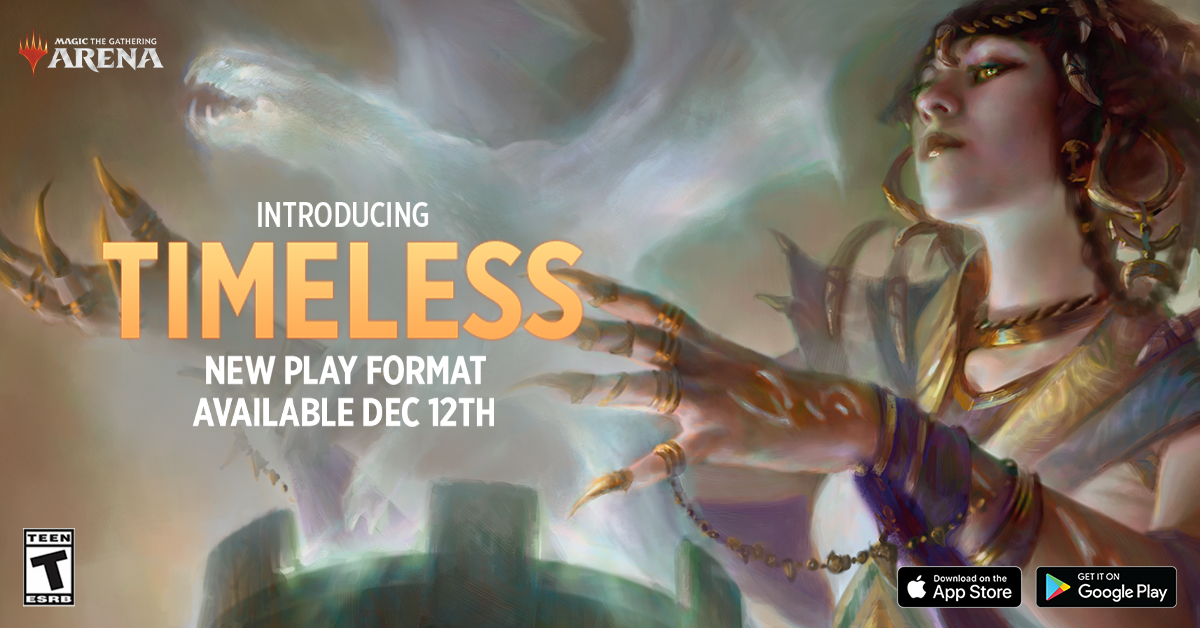 A sorceress adorned with cold rings, chains, and nails holds her hands around the magical mists that form an ephemeral dragon above a cauldron, with the text Introducing Timeless, New Play Format Available December 12th