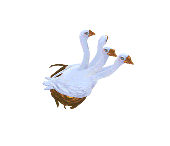  an animated gif of the Goose Mother pet from the Magic the Gathering: Arena videogame. The goosemother is a white goose sporting several heads like a hydra. The animation is as if a handful of salad is thrown to feed them, with heads battling over a bit of lettuce