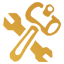Craft keyword icon that depicts a crossed hammer and wrench in gold