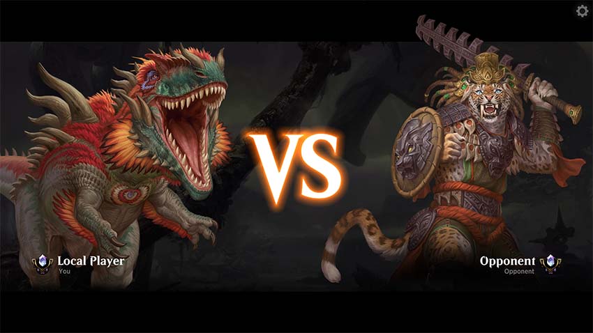 Captura de tela da imagem inicial da partida; o Jogador Local usa um avatar de um dinossauro com a boca cheia de dentes abertas e enfrentando um guerreiro felino