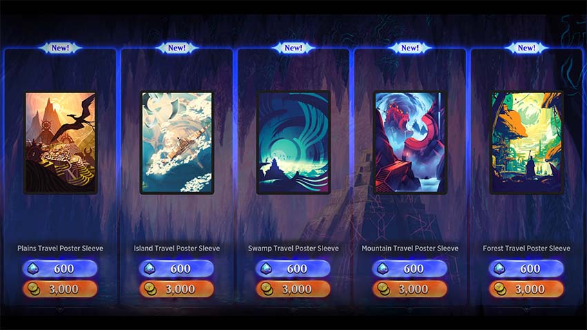 Screenshot of The Lost Caverns of Ixalan Travel Poster basic land sleeves in the MTG Arena Store