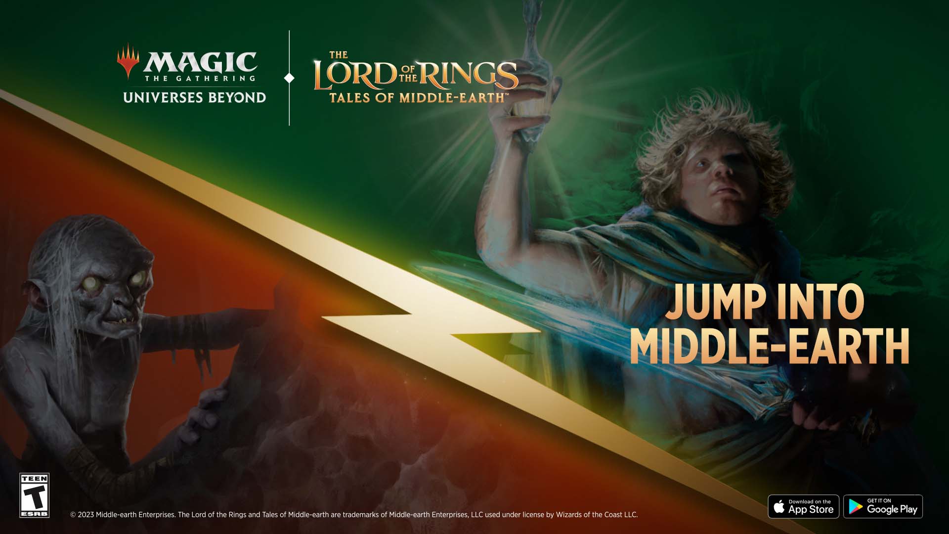 Samwise and Golum with a lightning bolt dividing the image diagonally, upper left to lower right, with Samwise on the right holding Galadriel's glowing phial gifted to Frodo, and Gollum in the left leering