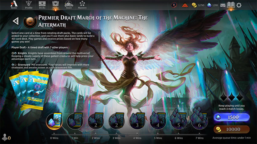 March of the Machine: The Aftermath Premier Draft event screen with wins progress bar and event description