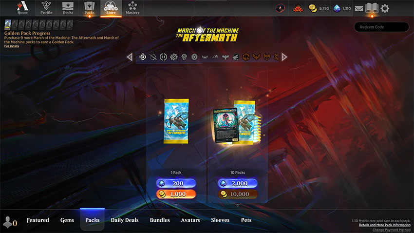 March of the Machine: The Aftermath packs on MTG Arena, showing 1 pack for 200 gems or 1,000 gold, and 10 packs for 2,000 gems or 10,000 gold