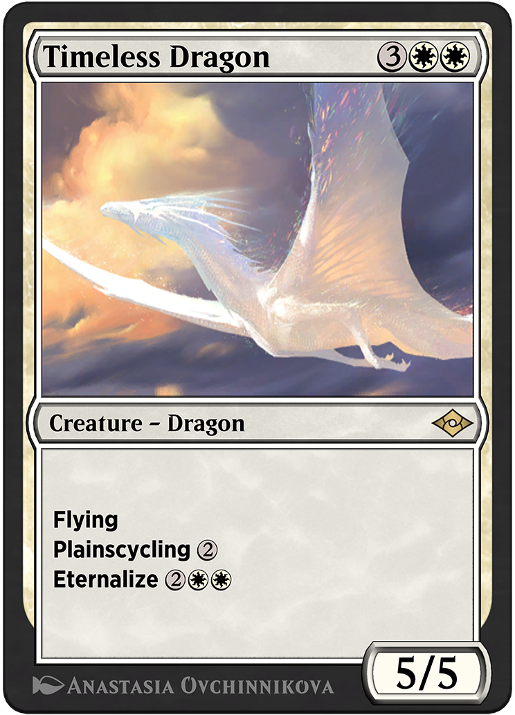 Timeless Dragon card showing a shimmering white dragon in flight with a backdrop of clouds and dark blue sky