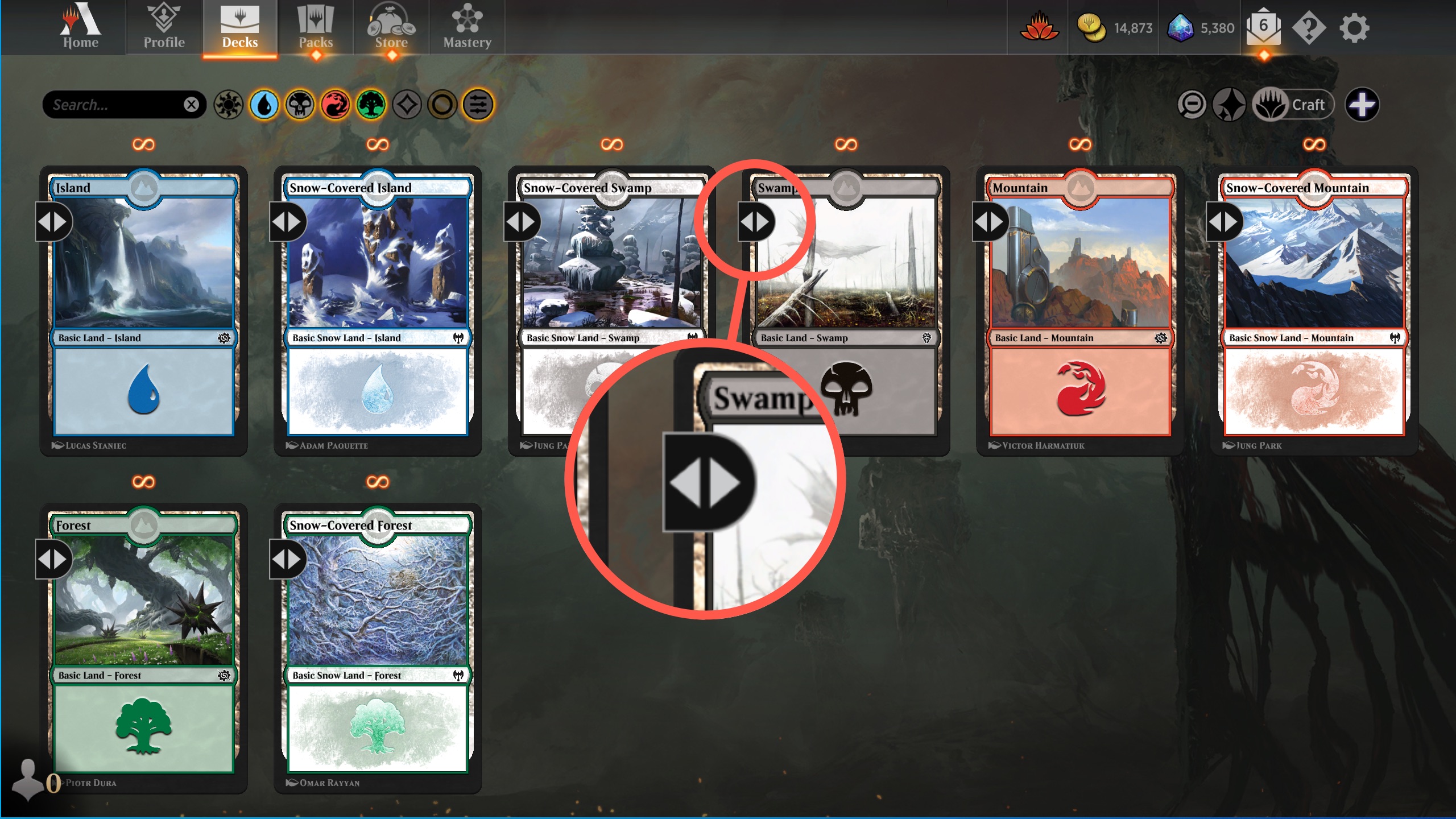 Collection screen in MTG Arena with a Swamp basic land's expand button highlighted