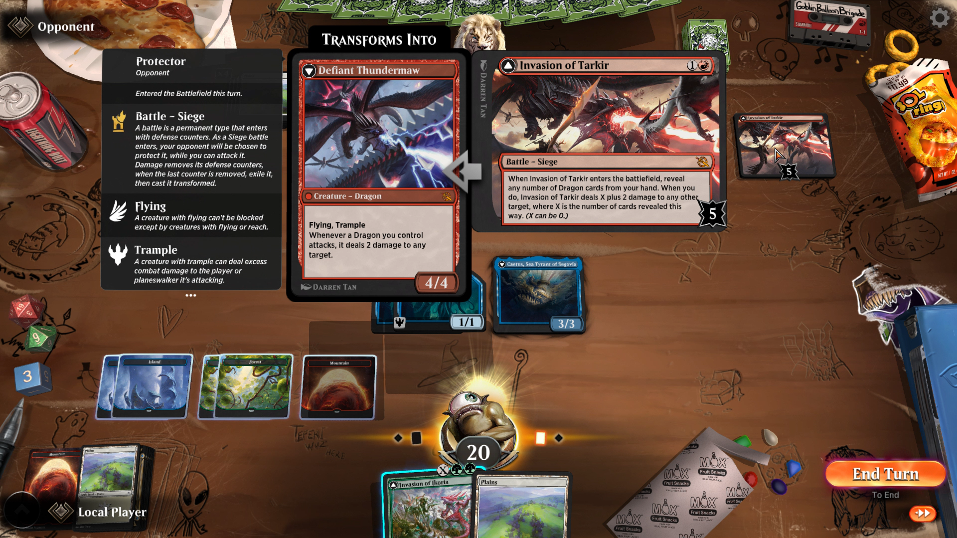 Battlefield screenshot showing the mouse hover expanded display of Invasion of Tarkir and it's back face, Defiant Thundermaw