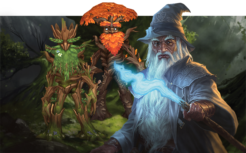 MTG Arena Meisterungspass mit Gandalf, der einen Stab mit magischer Energie hält, oben und einem Frühlings-Ent und einem Herbst-Ent im Hintergrund