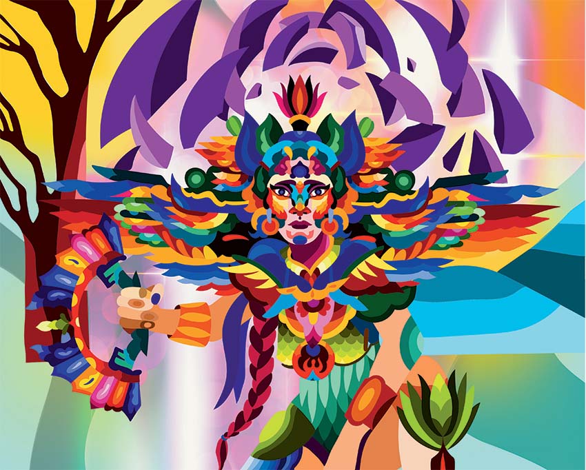 Huatli, Poet of Unity borderless card art with a stylized Huatli in bright colors with Chimil behind her