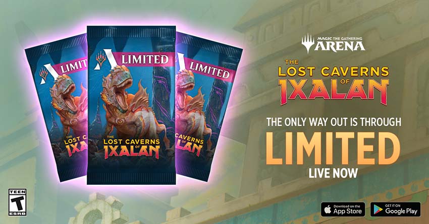 Three The Lost Caverns of Ixalan Limited packs with a dinosaur on each, and the text The Only Way Out is Through, Limited, Live Now