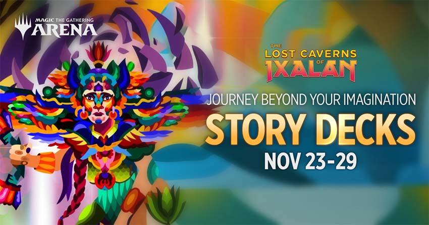 Colorful, stylized card art of Huatli, Poet of Unity with the text, Journey Beyond Your Imagination, Story Decks, Nov 23–29
