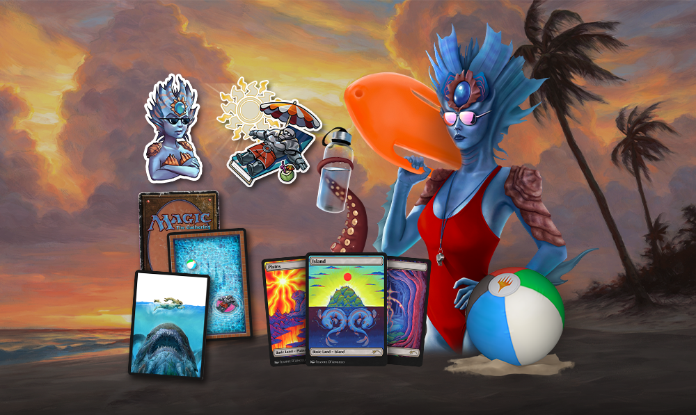 MTG Arena Summer Sale and the Summer Pool Party bundle featuring Thassa in shades on a beach