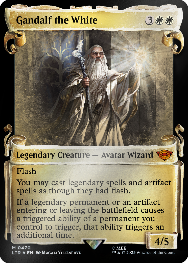 Gandalf il Bianco con trattamento Pergamene della Terra di Mezzo in stile vetrina foil argentato
