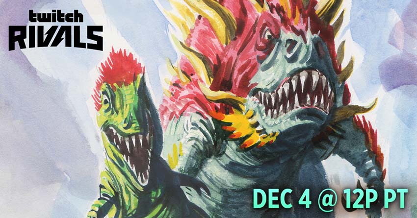 Dinosaurs in a painted style with the text, Twitch Rivals at 12 p.m. PT, December 4