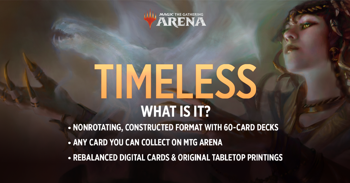 Same sorceress image as above, but with the text Timeless, What Is It? and bullet points: Nonrotating, Constructed format with 60-card decks; Any card you can collect on MTG Arena; and Rebalanced digital cards & original tabletop printings