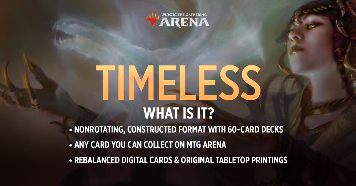 Stessa incantatrice di prima, ma con la scritta “Timeless, cos’è? E un elenco puntato: formato Constructed senza rotazione con mazzi da 60 carte; Tutte le carte che puoi collezionare su MTG Arena; e Carte digitali ribilanciate e versioni originali stampate.