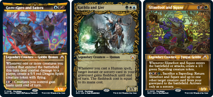 alt-art frame of Goro-Goro and Satoru, Katila and Lier, and Slimefoot and Squee promo cards