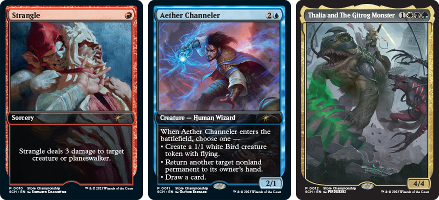 Strangle, Aether Channeler, and Thalia and The Gitrog Monster