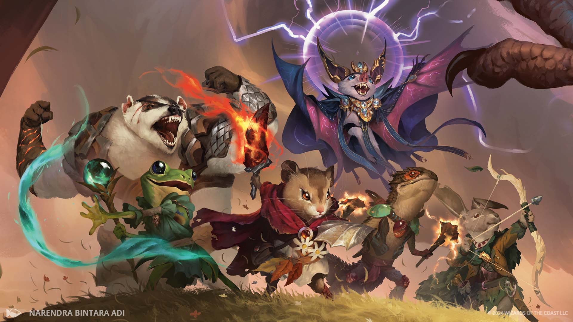 Ilustración clave de Bloomburrow con un equipo de héroes animalinos preparados para luchar