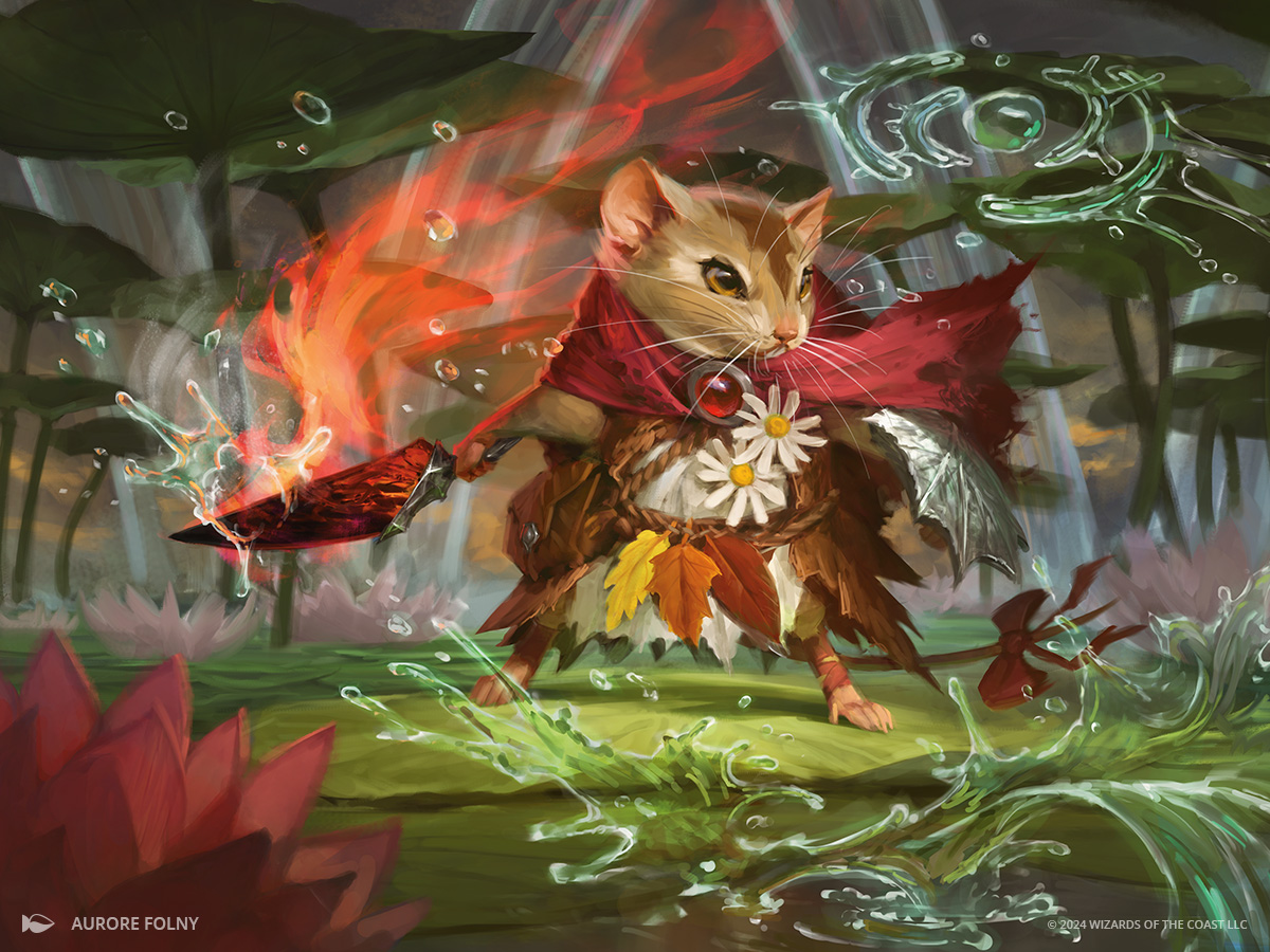 Mabel, Heir to Cragflame, a mousefolk hero dressed in adventurer's garb of autumn-colored leaves adorned with two daisies, wields a flaming sword