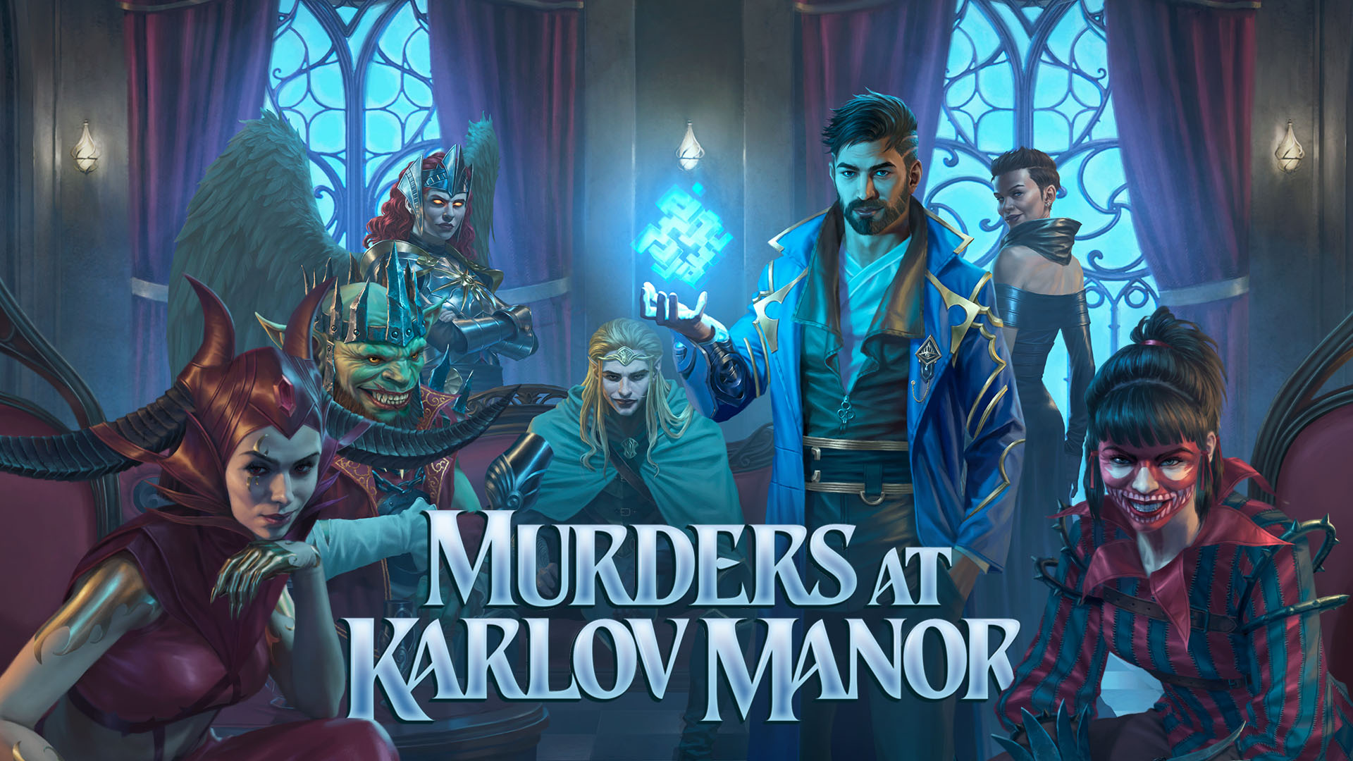 Murders at Karlov Manor logo featuring the main characters from the Magic stories posing in an elegant room