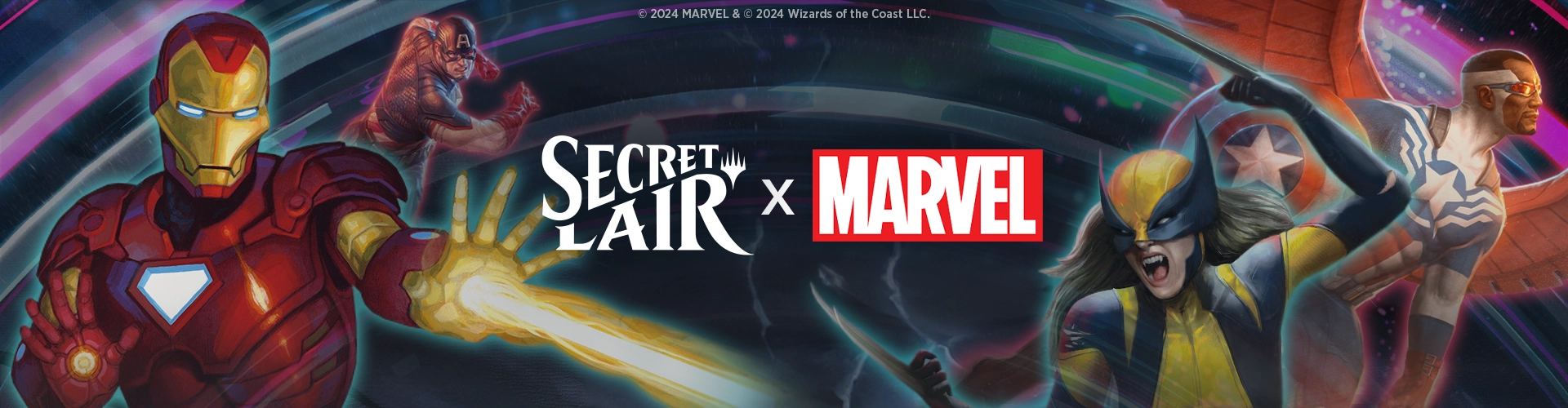 Laura Kinney, Wolverine, Tony Stark, Iron Man, Steve Rogers, Captain America, and Sam Wilson, Captain America all pose on an abstract background as the Secret Lair and Marvel logos are displayed prominently