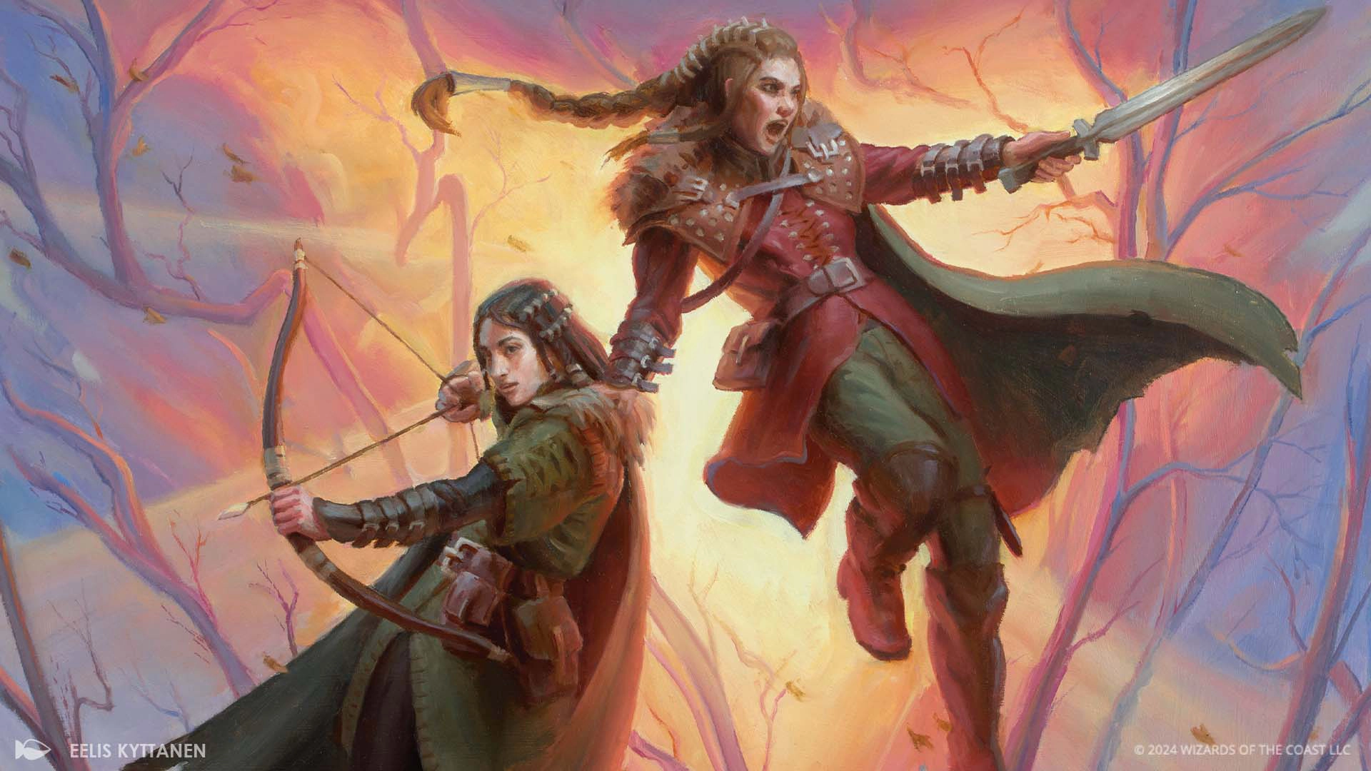 Halana and Alena leap into action, sword and bow at the ready