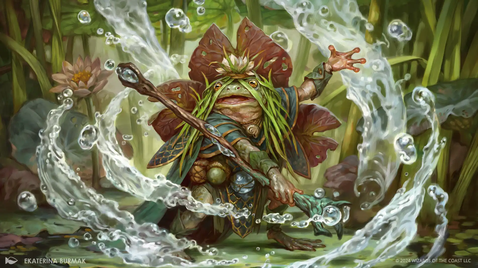 Clement, the Worrywort, a frogfolk weaver wearing green grasses on his head wields a staff and commands water that swirls around him