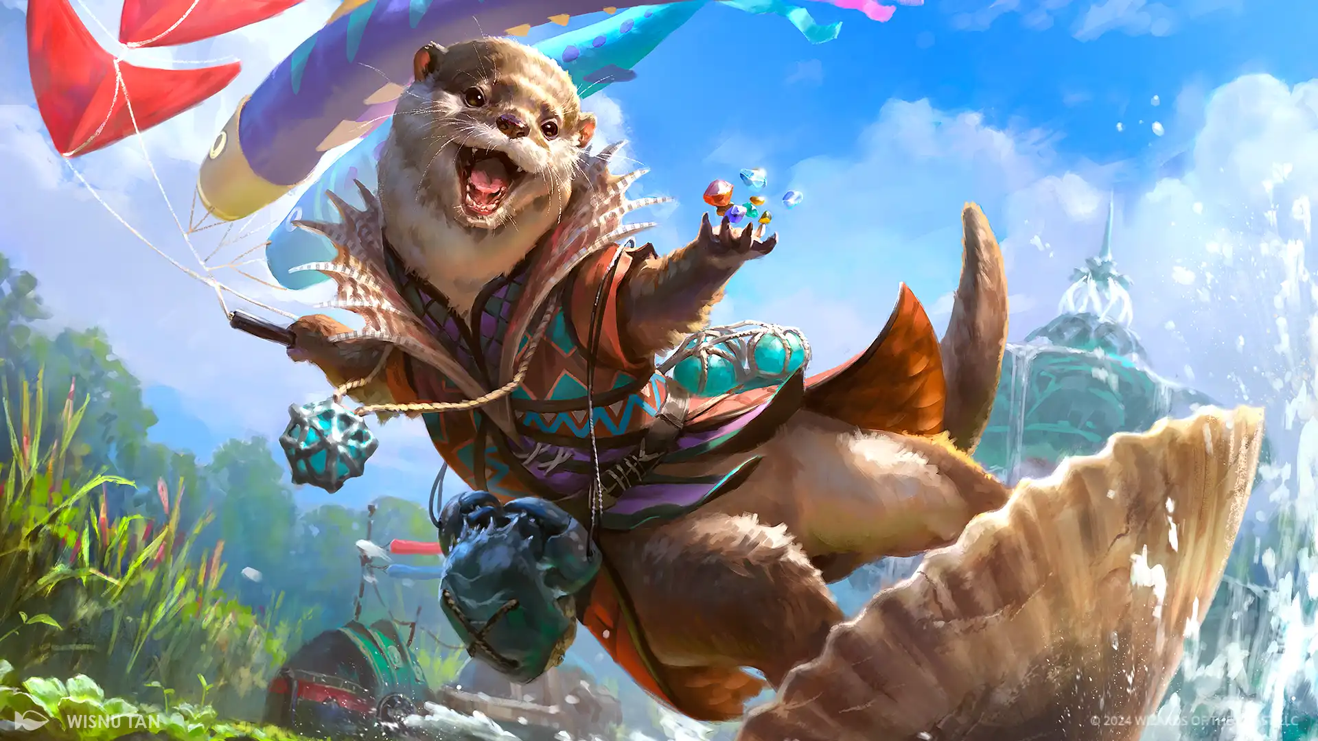 Daring Waverider, an otterfolk gleefully surfs a river on a shell with gleaming gems in his paw trailing colorful fish windsocks and kites from his other paw