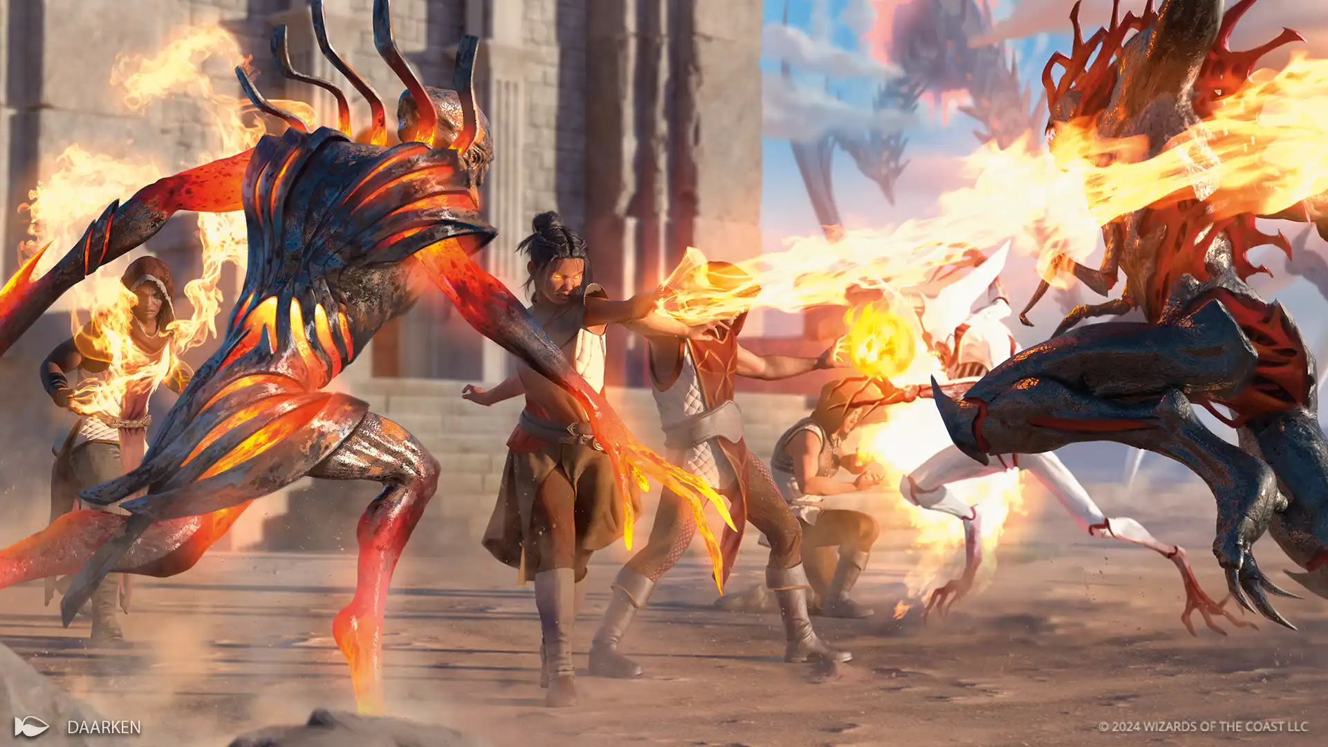 Card art for Invasion of Regatha showing combatants hurling fire against Phyrexians