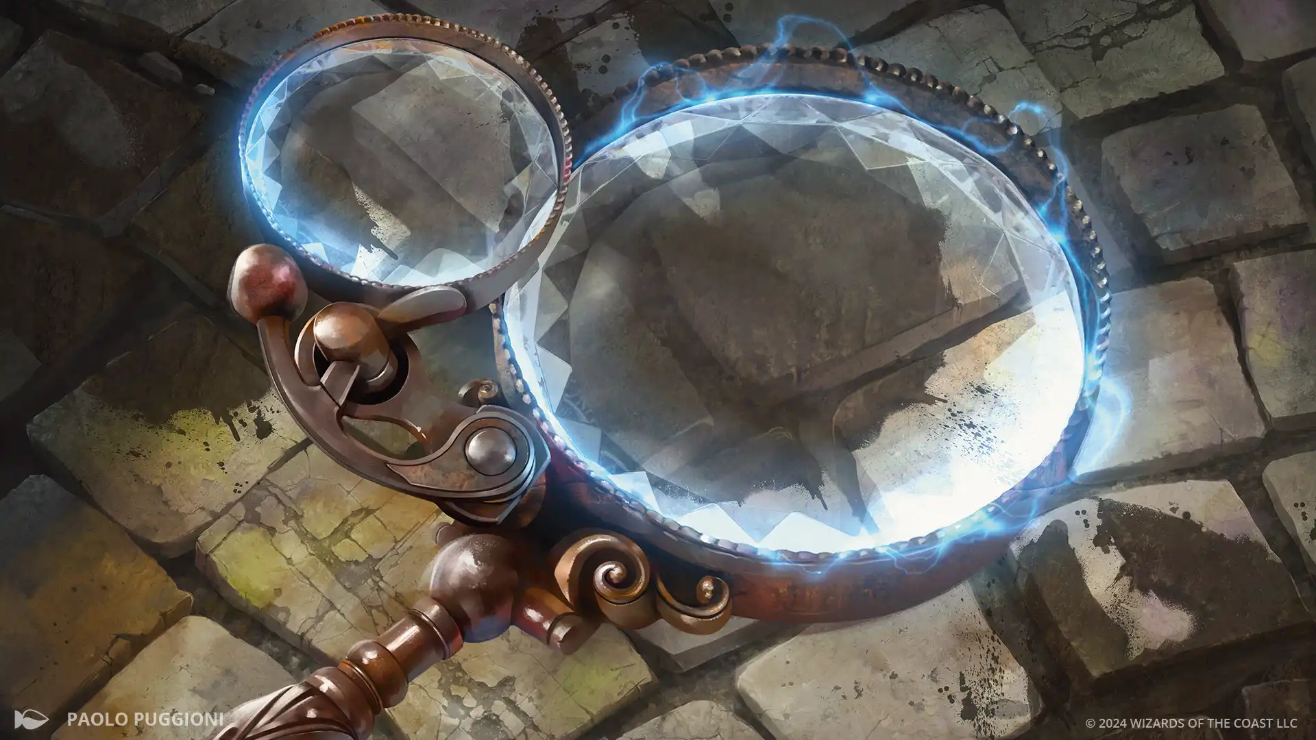 A fantastical copper magnifying glass with two lenses that are limned with blue magical energy