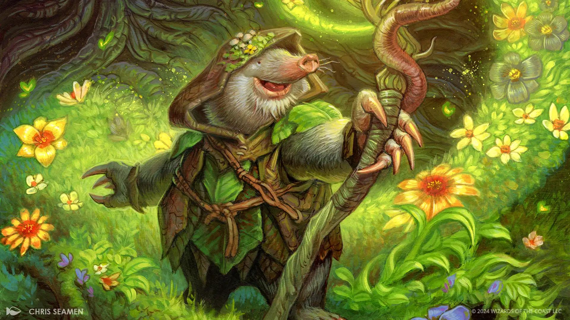 Three Tree Rootweaver, a molefolk wields a staff surrounded by green foliage and flowers full of energy