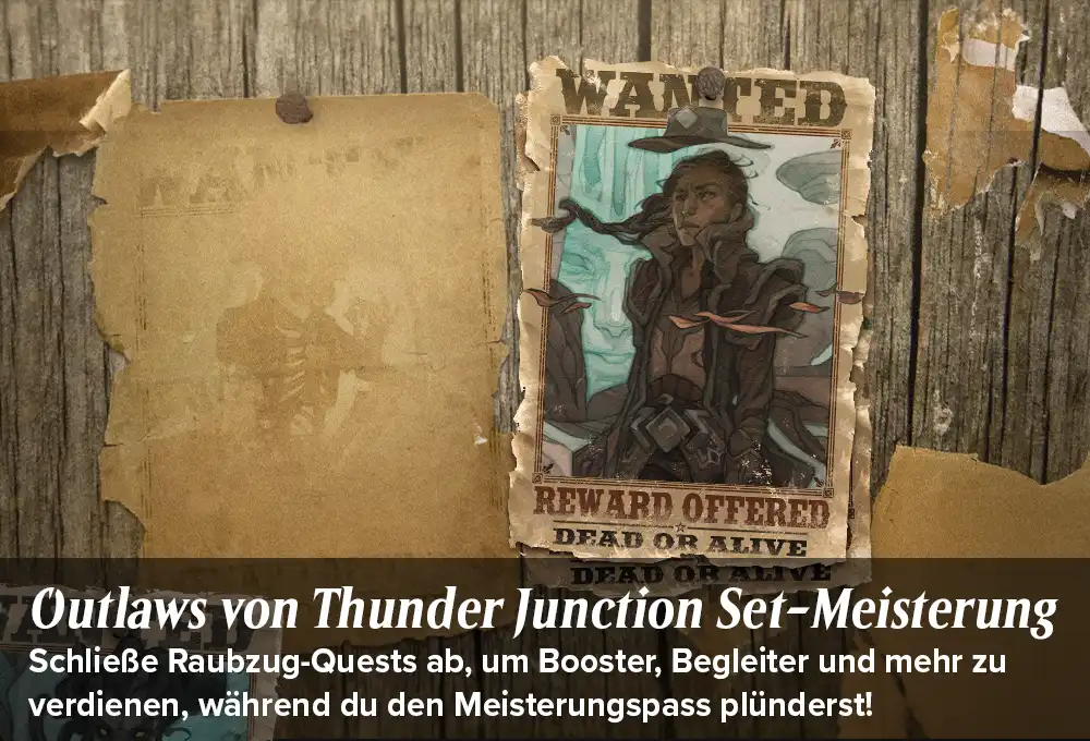 Ein Anschlagbrett in Thunder Junction, an dem Steckbriefe hängen