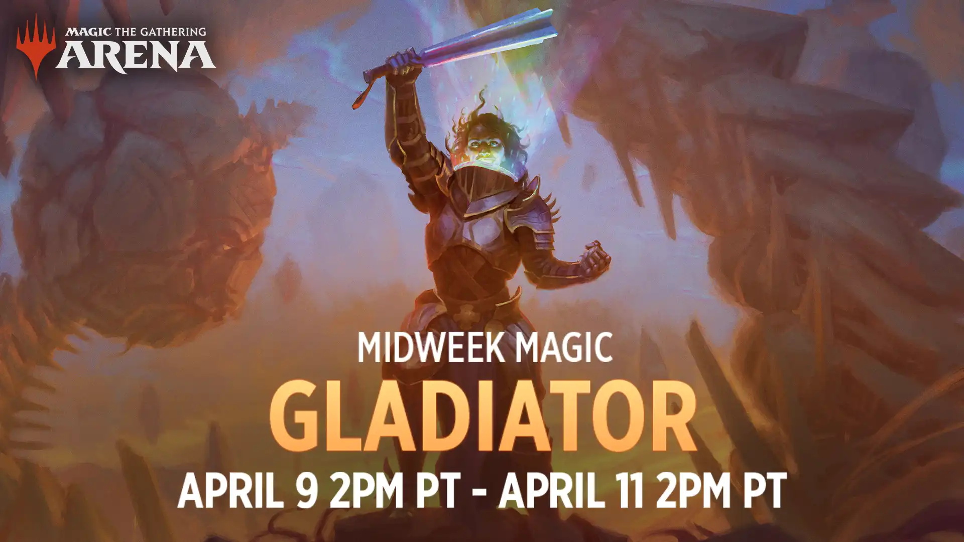 Heavily armored woman holding a long-finned mace aloft with her head surrounded by a chromatic glow is inside a cave with a rock-like worm creature surrounding her, with the text Midweek Magic Gladiator, April 9, 2 p.m. PT until April 11, 2 p.m. PT