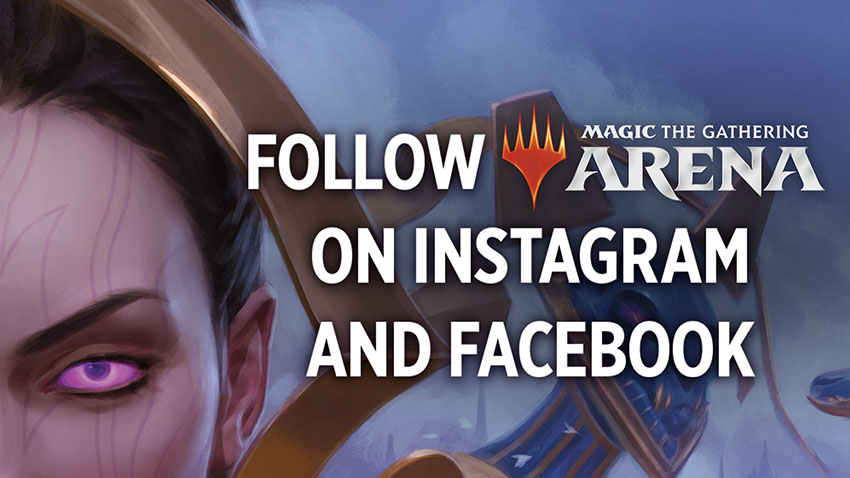 Liliana's left eye close up with the text, Follow MTG Arena on Instagram and Facebook