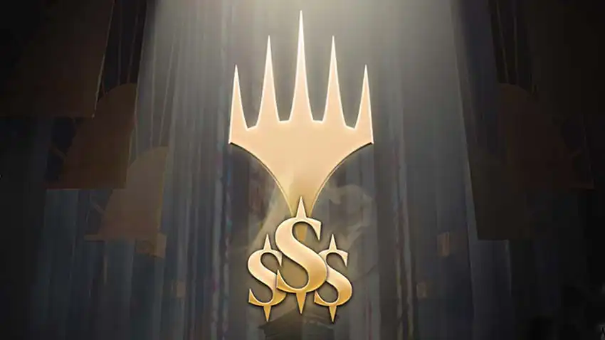 Simbolo del planeswalker di Arena Open dorato sopra il simbolo dorato del dollaro