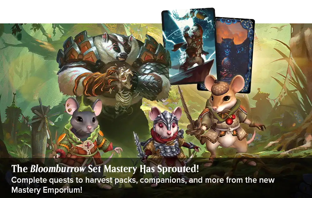 The badgerfolk Hugs and three micefolk armed with swords in a forest scene with two MTG Arena Set Mastery sleeve rewards, one with an otterfolk casting a spell and the other with the owl Calamity Beast, in the background