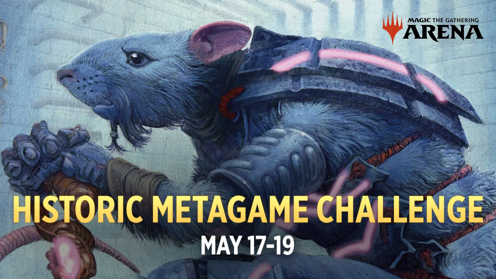A kneeling older samurai ratfolk with the text, Historic Metagame Challenge, May 17–19