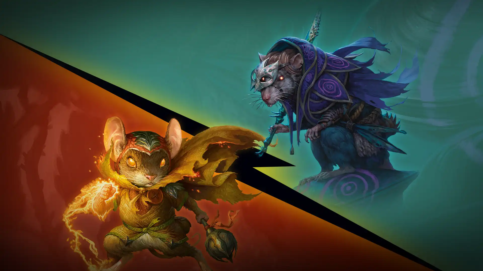 Jump In! image divided diagonally from left down to right, showing a mouse warrior with a fistful of energy in the left and a rat mage in indigo colors in the right