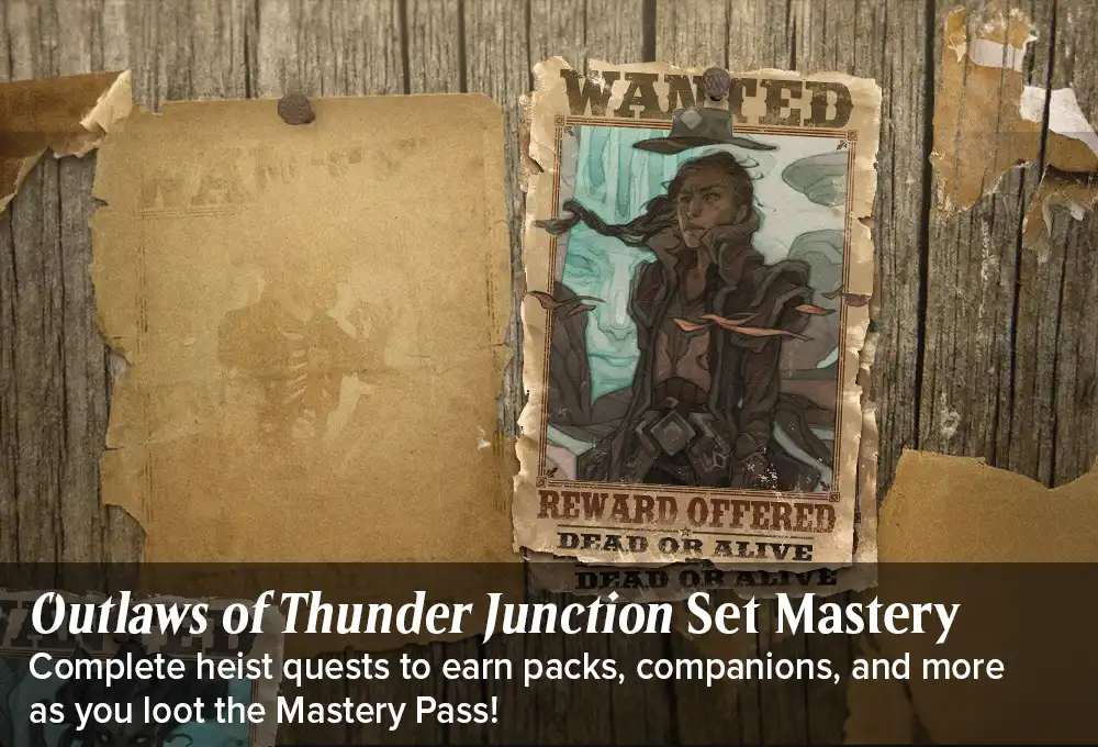 A board in Thunder Junction with wanted posters tacked to it