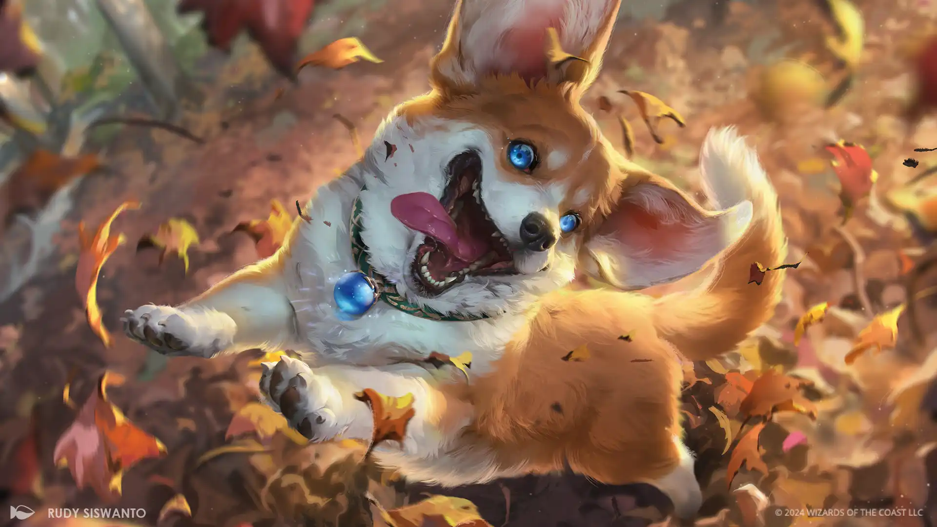 Card art of Phelia, Exuberant Shepherd, showing a corgi jumping exuberantly at the viewer among autumn leaves, blue eyes wild and giddy, tongue lolling out joyously