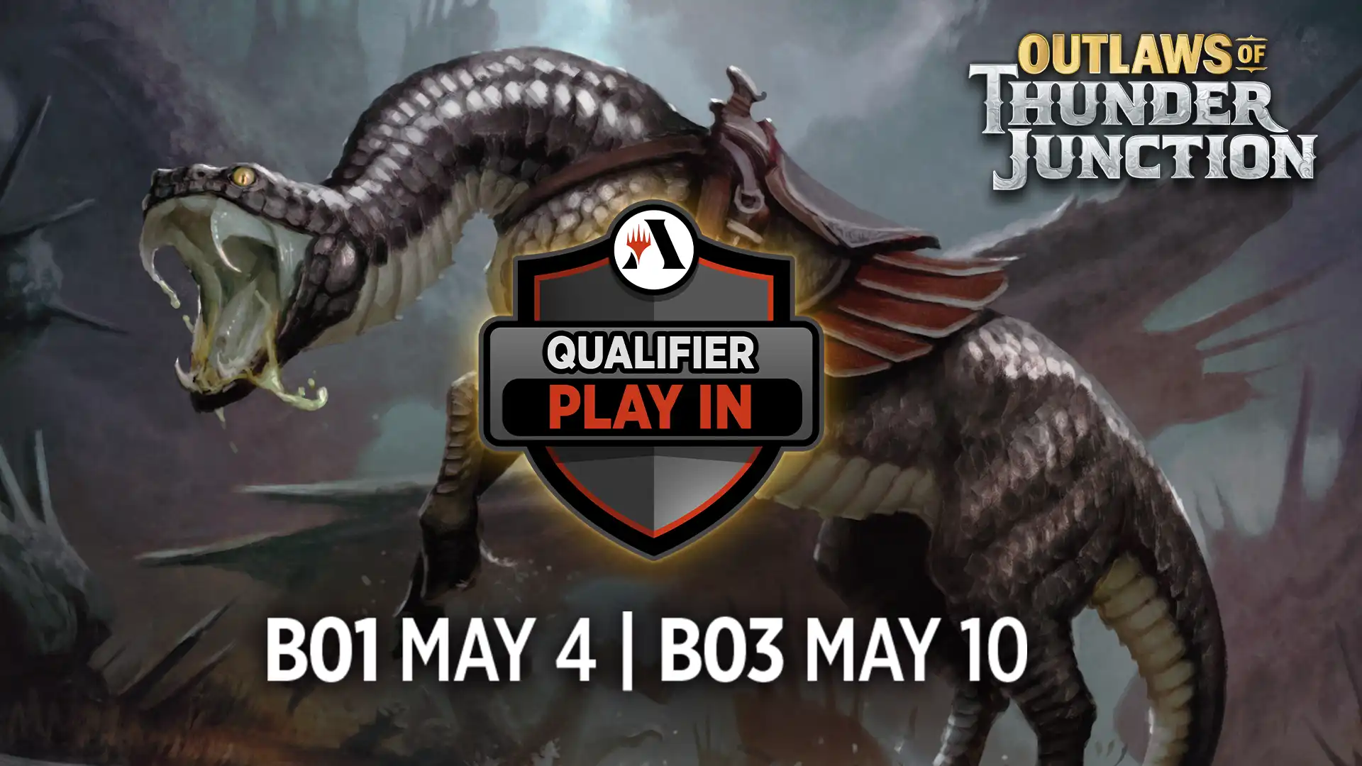 A part-snake, part-horse creature, saddled and rearing, with the text Qualifier Play-In, Best-of-One on May 4, Best-of-Three on May 10