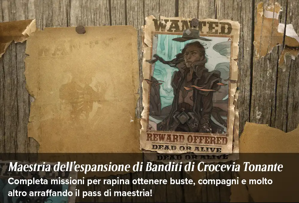 Una bacheca a Crocevia Tonante con dei poster da ricercato appiccicati sopra