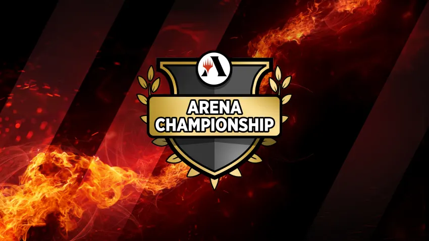 Arena Championship 5 shield logo on a red sparks background
